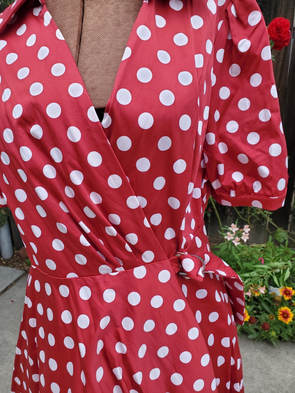 Kitten D'Amour Red Polka Dot Wrap Midi Dress with Short Puff Sleeves - Picture 2 of 7